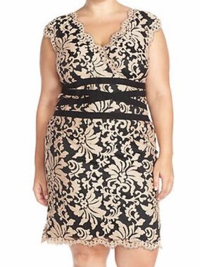 Tadashi Shoji sheath cocktail dress black nude lace Ginseng XL X large